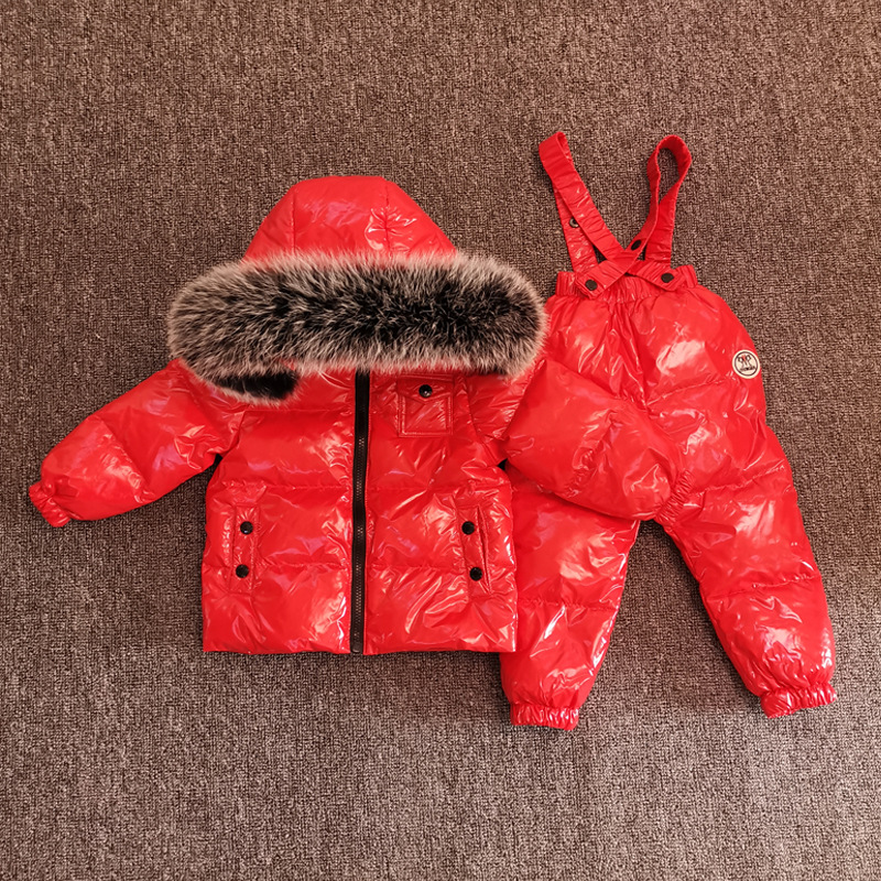 New Winter Edition Kids Down Jacket Overalls Set Big Fur Collar Boys Girls Babies Children's Clothing Skiing Clothes