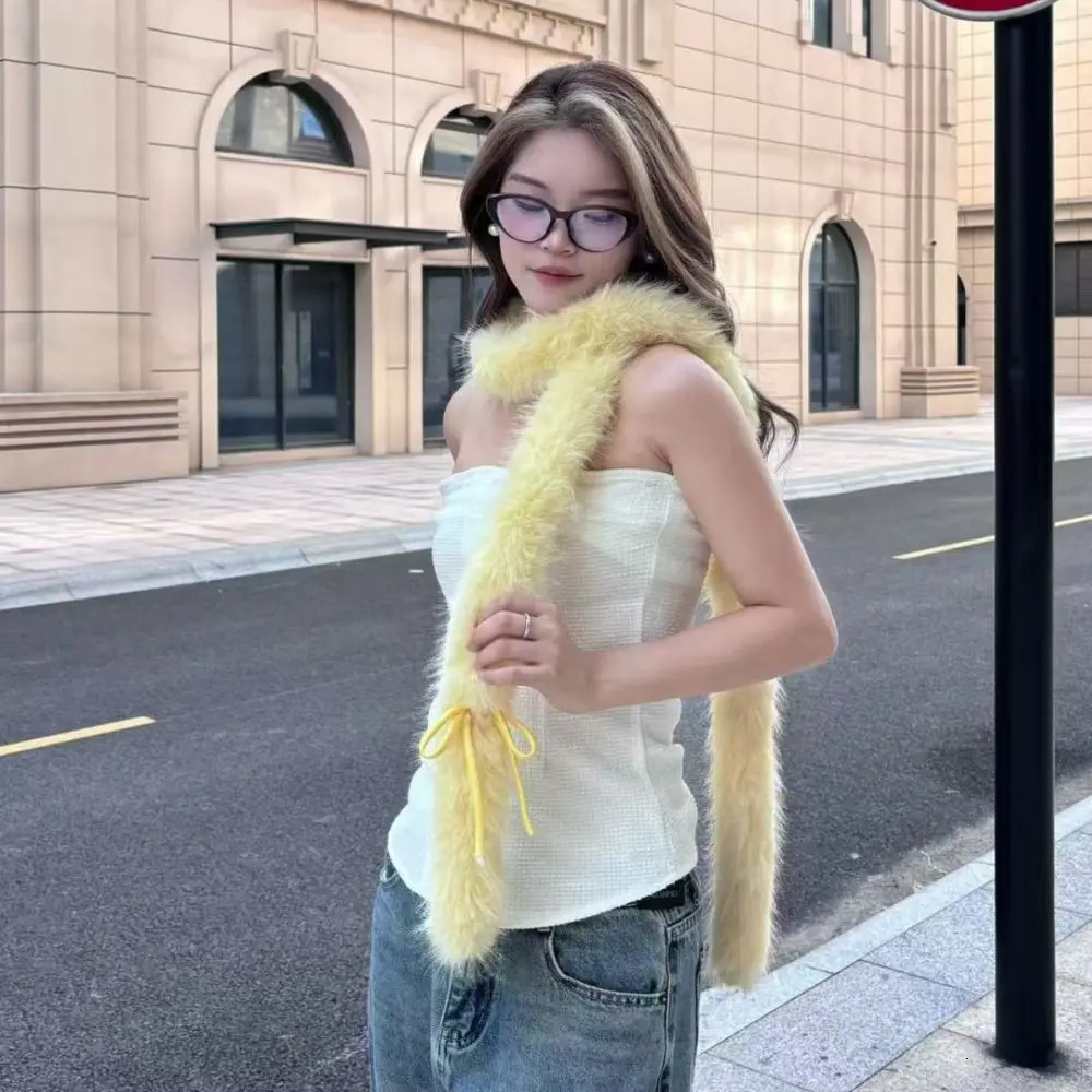 Fashion Solid Color Y2k Bow Scarf Fluffy Harajuku Bowknot Fur Scarf Sweet Women Scarf Female 250929