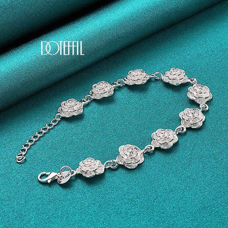 DOTEFFIL Sterling Sier Full Rose Flower Chain Bracelet For Women Wedding Engagement Party Fashion Charm Jewelry