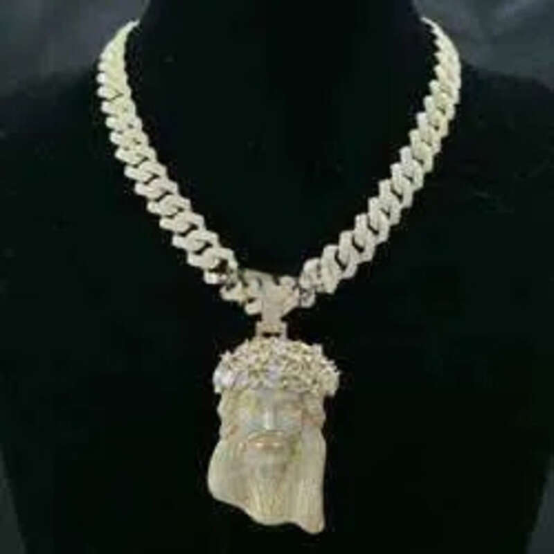 necklace moissanite chain Jesus Pendant with 13mm Moissanite Cuban Chain Necklace Hip Hop Jewelry for Men Gift