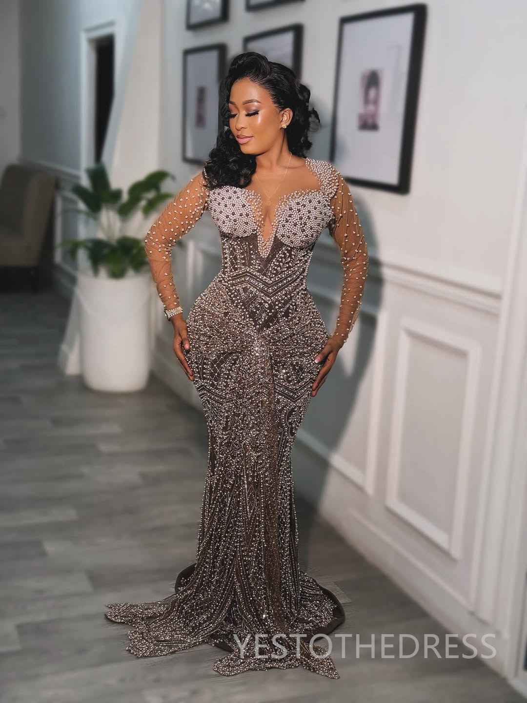 2025 Plus Size Gray Prom Dress Evening Dresses Formal Gowns Illusion Mermaid Sheer Neck Long Sleeves Pearls Beaded lace Birthday Dress Second Receptio