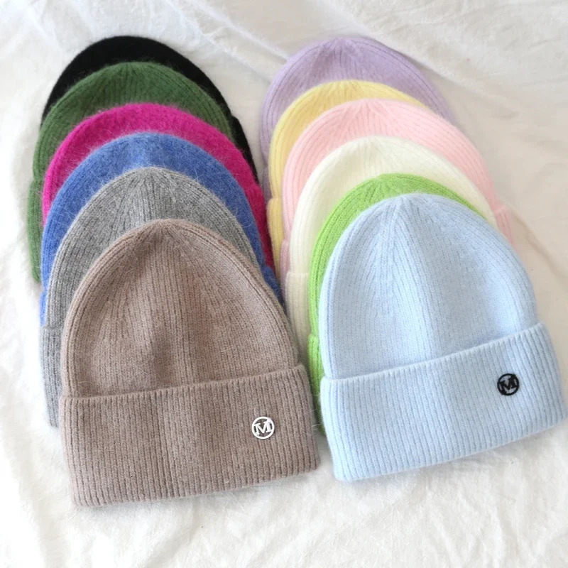 Fluffy Angora Hat Rabbit Fur Warm Winter hat For Womans Cashmere Wool Soft Beanies Blue Knitted Hat Outdoor Ski Female 250930
