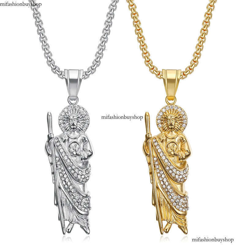 Hip Hop St.Jude Pendant Necklace Full Zircon 316L Stainless Steel Gold Plated Mens Jewelry