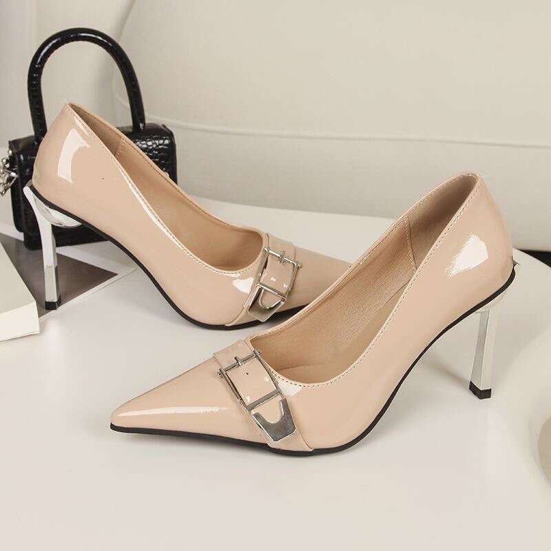 Sexy Socialite Black Silk Stiletto Designer Shoe High heels 2025 New Pointed Shallow Metal Bheelt Buckle Patent Leather Single Shoes Women