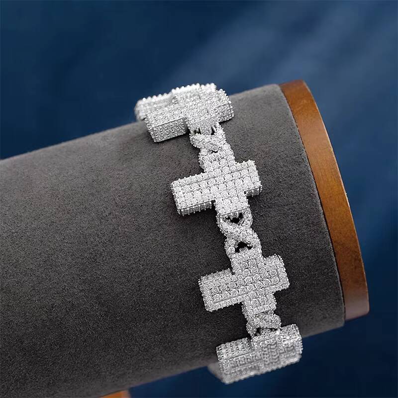 Luster Holy White Gold Plated 925 Sterling Silver Metal 16mm Cross Link Moissanite Cuban Bracelet