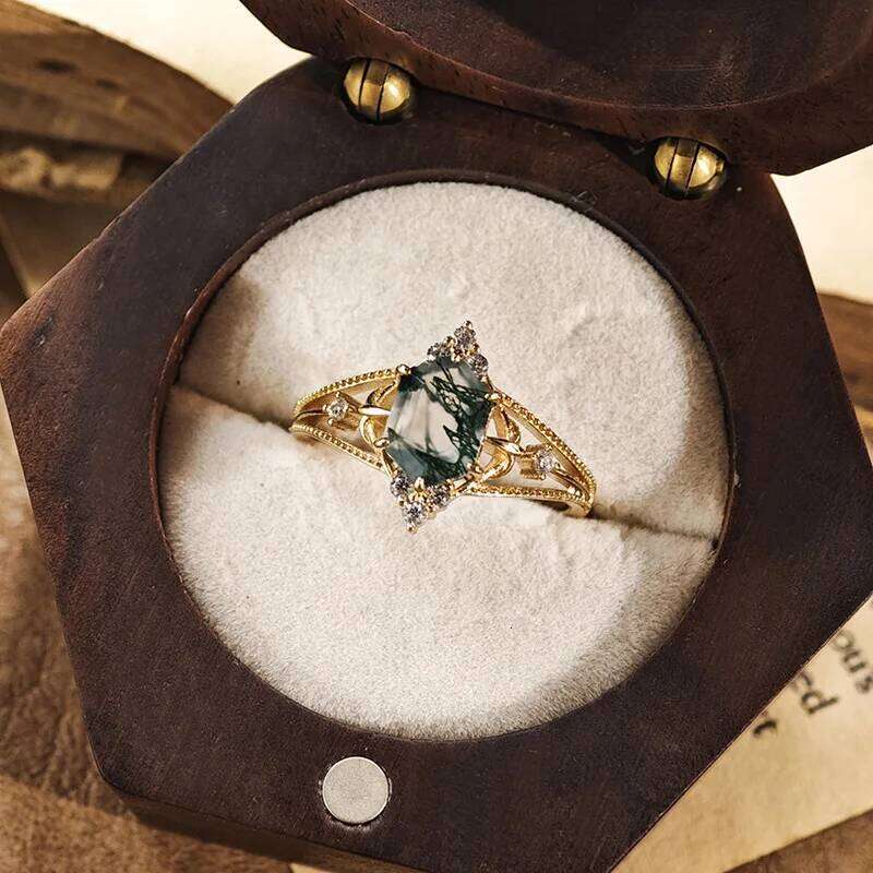 LAMOON Green Moss Agate Ring For Women New Princess Cut Natrual Gemstone Sterling Sier Gold Plated Fine Jewelry Party Gift