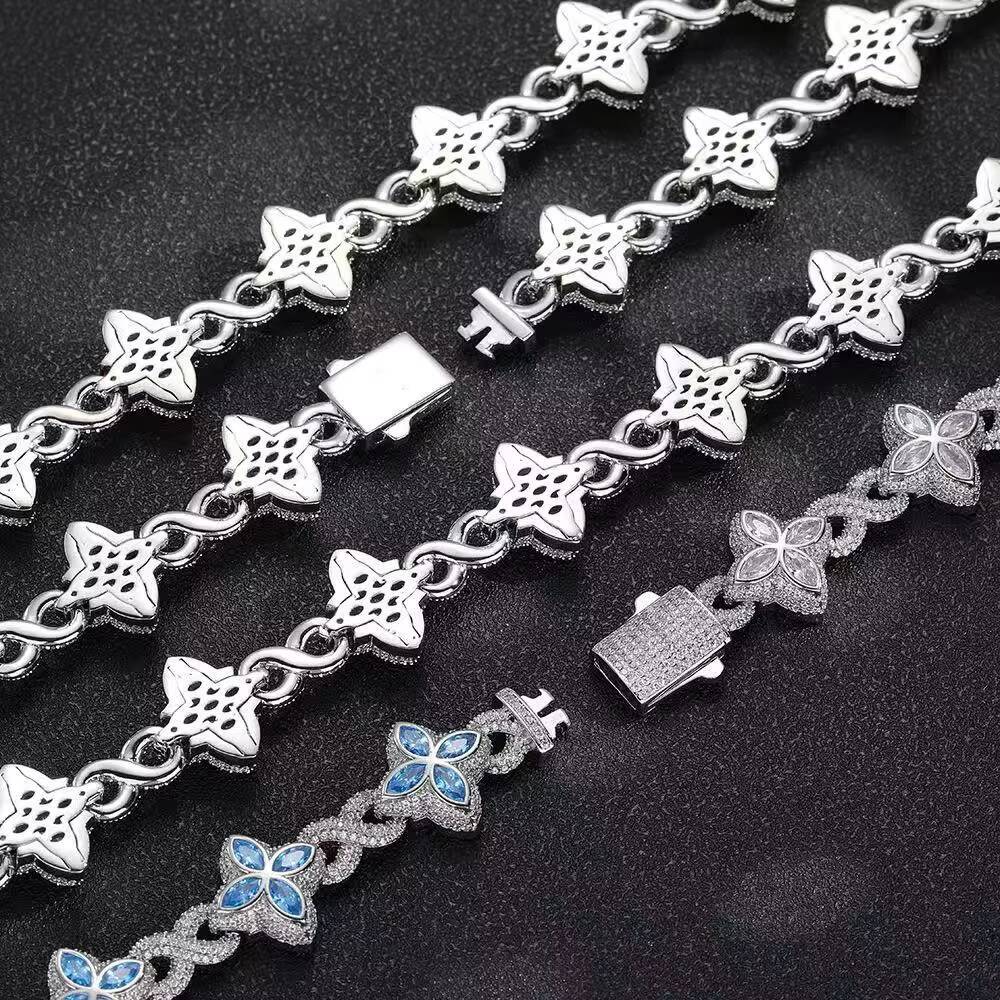 Hip-hop rap infinite four-leaf clover bracelet fashion cool high-end 5A diamond color hand jewelry necklace