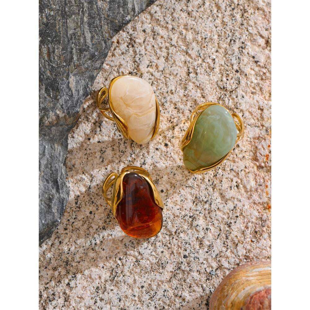 Yhpup New Design Brown Green Beige Resin Geometric Adjustable Ring Golden PVD Stainless Steel Rust Proof Finger Jewelry Gift