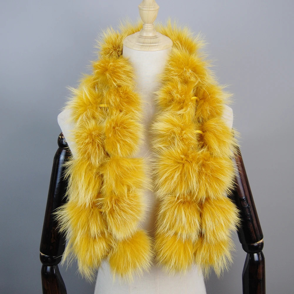 Style Fashion Women Real Raccoon Fur Scarves Pompom Lady Winter Warm Natural Fox Fur Scarf Fluffy Genuine Fur Muffler 250930