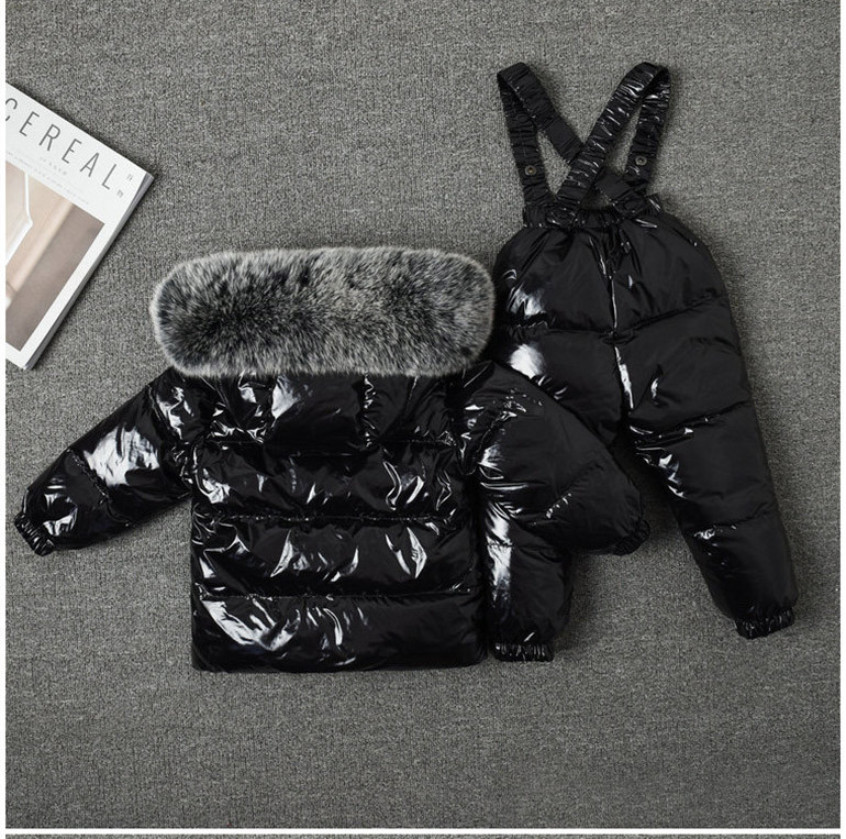 New Winter Edition Kids Down Jacket Overalls Set Big Fur Collar Boys Girls Babies Children's Clothing Skiing Clothes