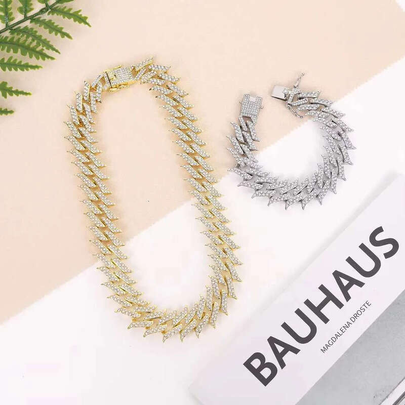 DHCollections Iced Out Cuban Link Chain Necklace for Men Women Spike Design Bling Rhinestone Hip Hop Choker Gold & Sier Plated Statement Jewellery