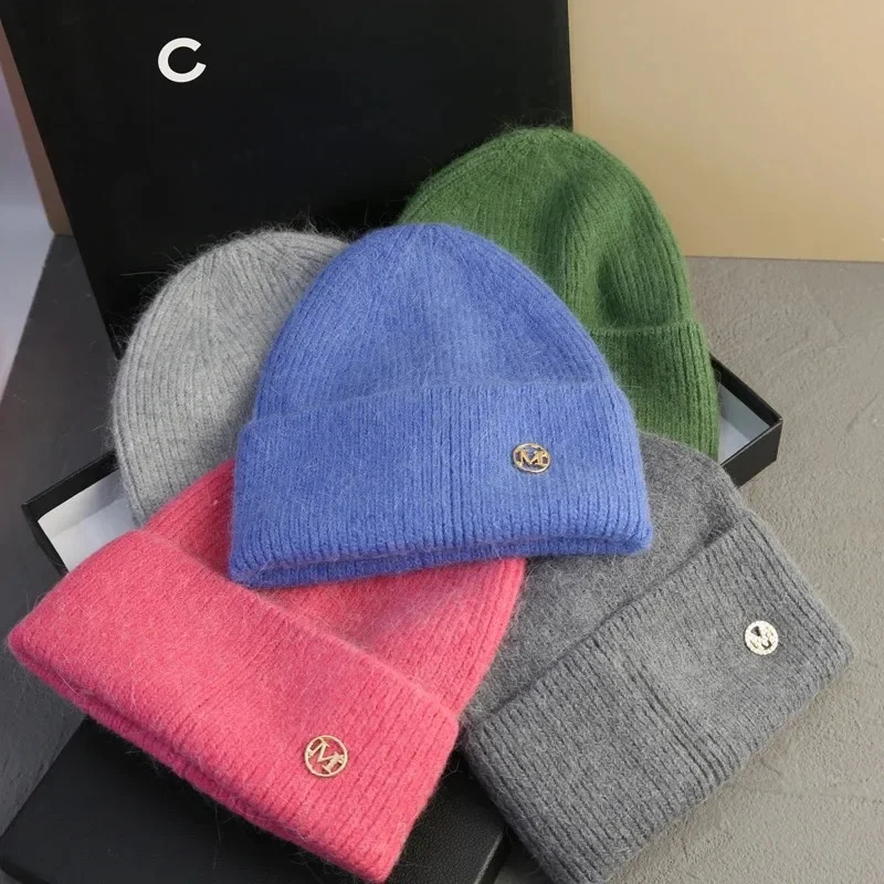 Fluffy Angora Hat Rabbit Fur Warm Winter hat For Womans Cashmere Wool Soft Beanies Blue Knitted Hat Outdoor Ski Female 250930