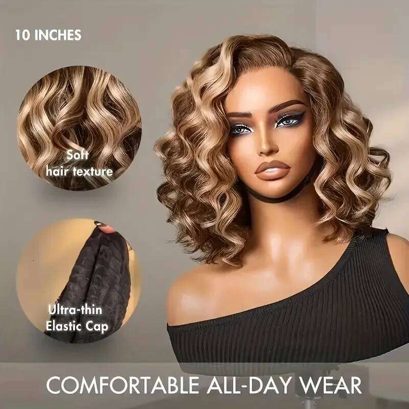 250% Highlight Body Wave 13X6 HD Lace Frontal Wig #4/27 Short Honey Blonde Bob Glueless Wigs For Summer 13X6x1 T Part Xiusiyuan2510