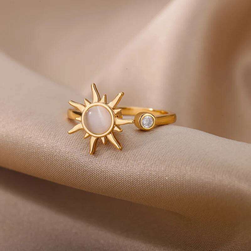 Gemstone Flower Stainless Steel Rings Zircon Adjustable Ring Women Wedding Anti Fading Jewelry Vacation Accessories Gift