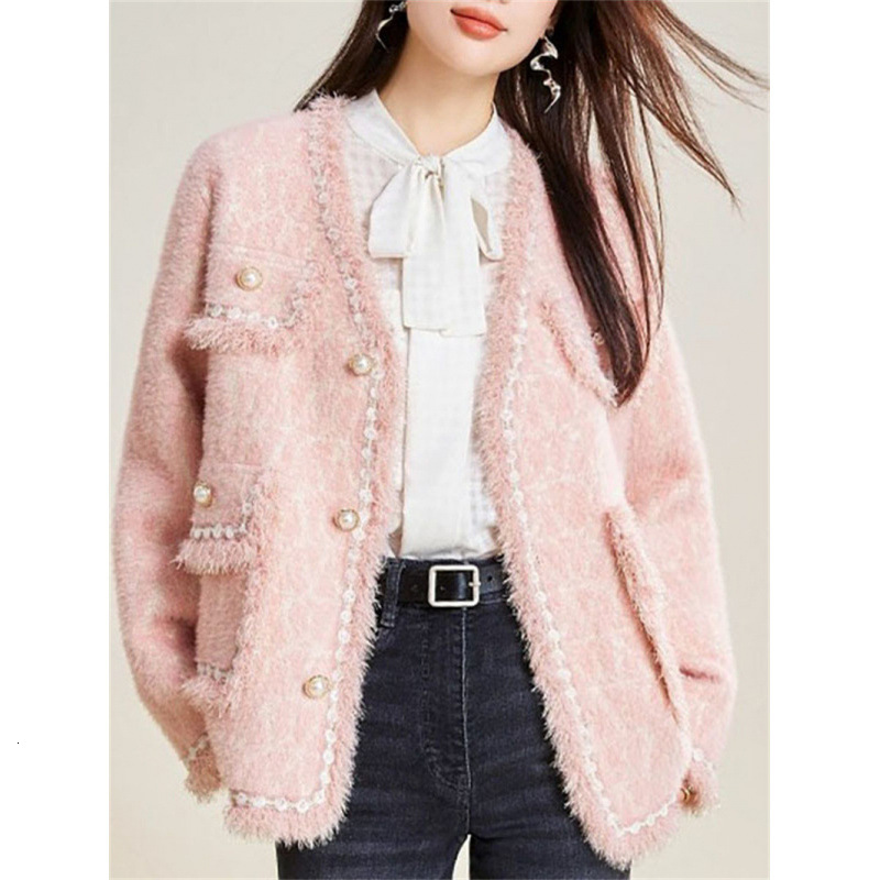2025 Korean Knitted Jacket Autumn Designer Jacket New Tassel Imitation Mink Velvet Sweater Coarse Wool Short Coat Open Knitted Wool Sweater New Luxury