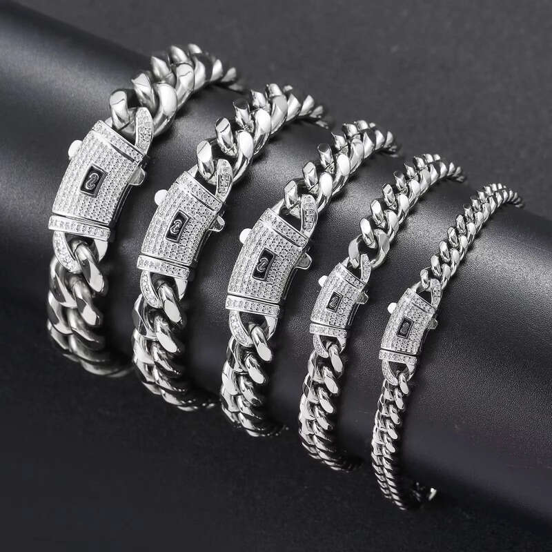 BES 6-14mm Miami Bracelet Set 14K Gold Stainless Steel Monaco Cuban Link Chain Necklace Hip Hop for Men