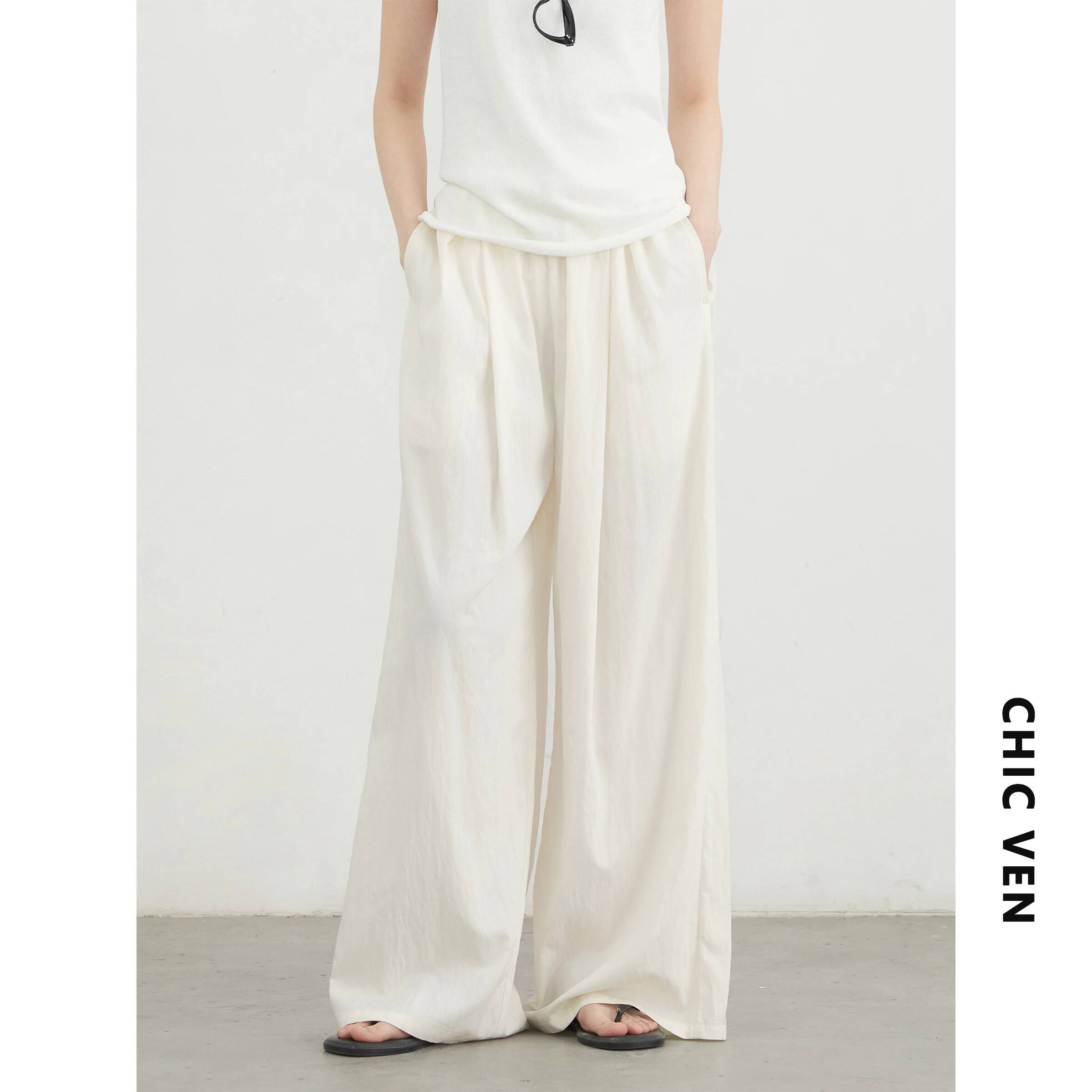 CHIC VEN Women Pants Solid Elastic Waist Loose High Waisted Casual Female Trouser Long Wide Leg Pant Spring Summer 2025 dongdumaoyi