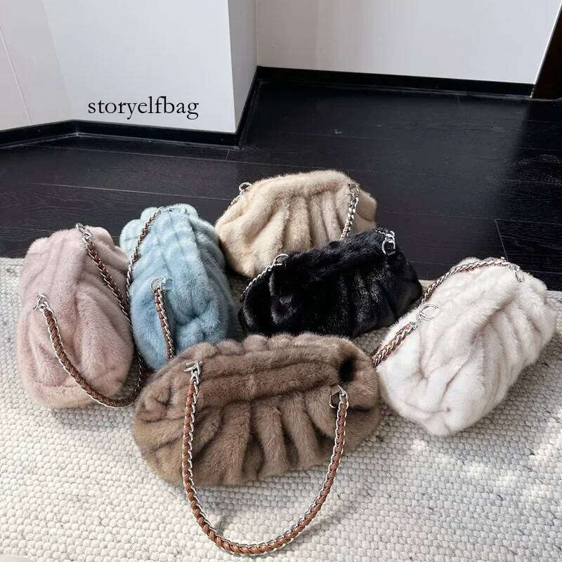 Fluffy Plush Dumpling Bags for Women Handbags Faux Mink Fur Pouch Ruched Shoulder Bag Winter Warm Soft Cloud Clutch