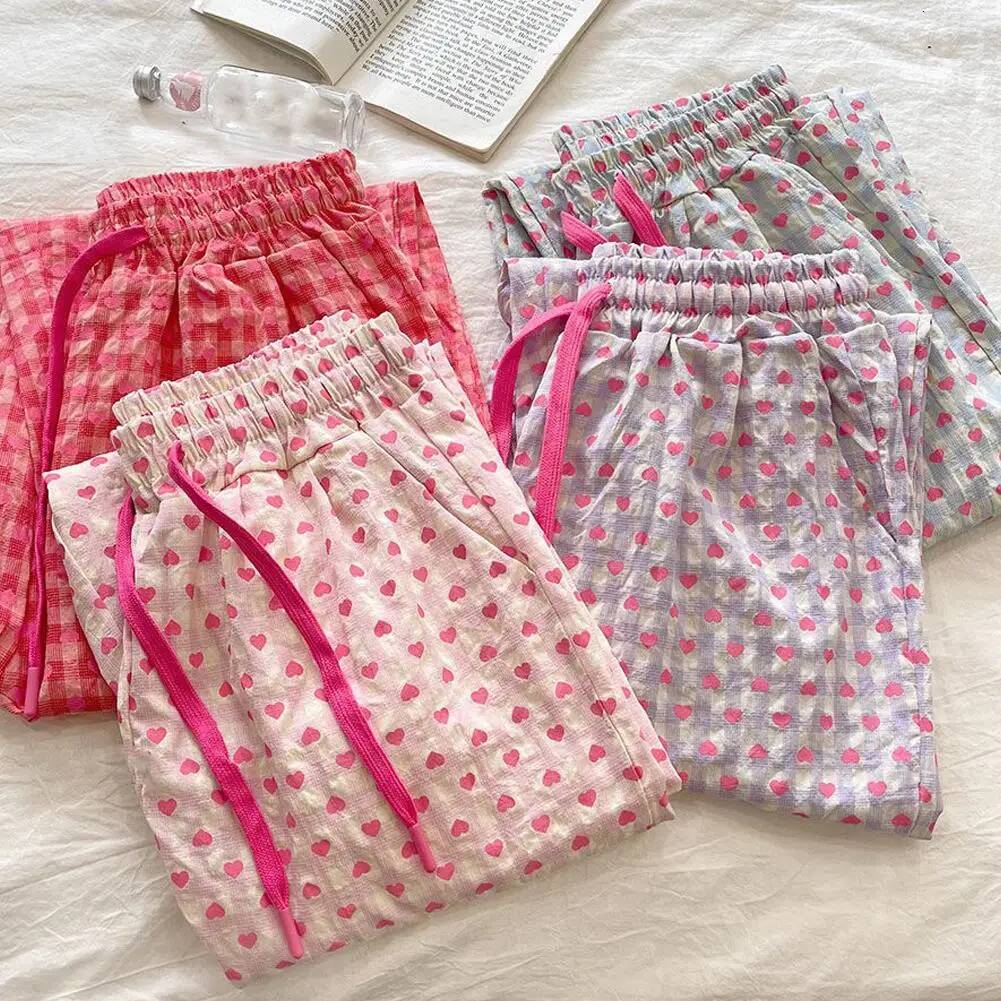 Summer Pama Woman Heart Print Gauze Home Trousers Casual Simple Ladies Sleeping Pants dongdumaoyi