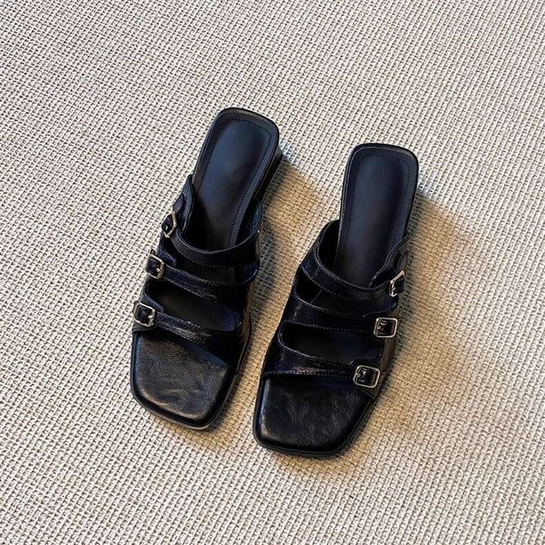 35-43 Plus Size Square Toe One-Strap Buckle Sandals for Women New Black Designer Shoe Open-Toe Chunky heel Outdoor Fashion Casual Slippers