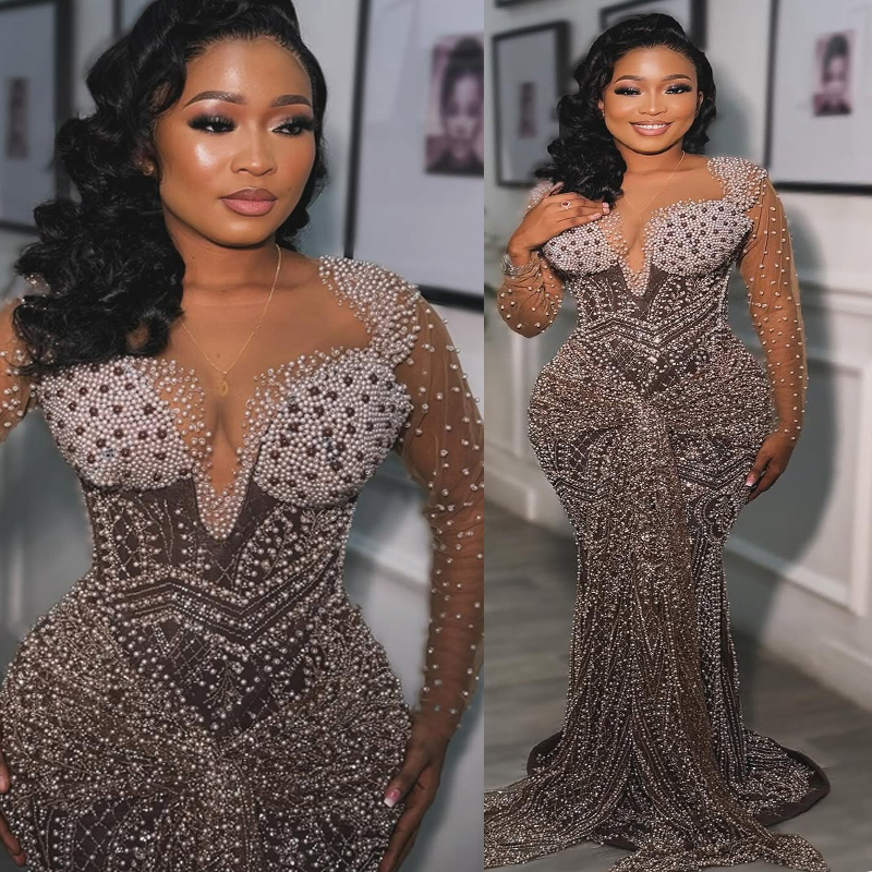 2025 Plus Size Gray Prom Dress Evening Dresses Formal Gowns Illusion Mermaid Sheer Neck Long Sleeves Pearls Beaded lace Birthday Dress Second Receptio