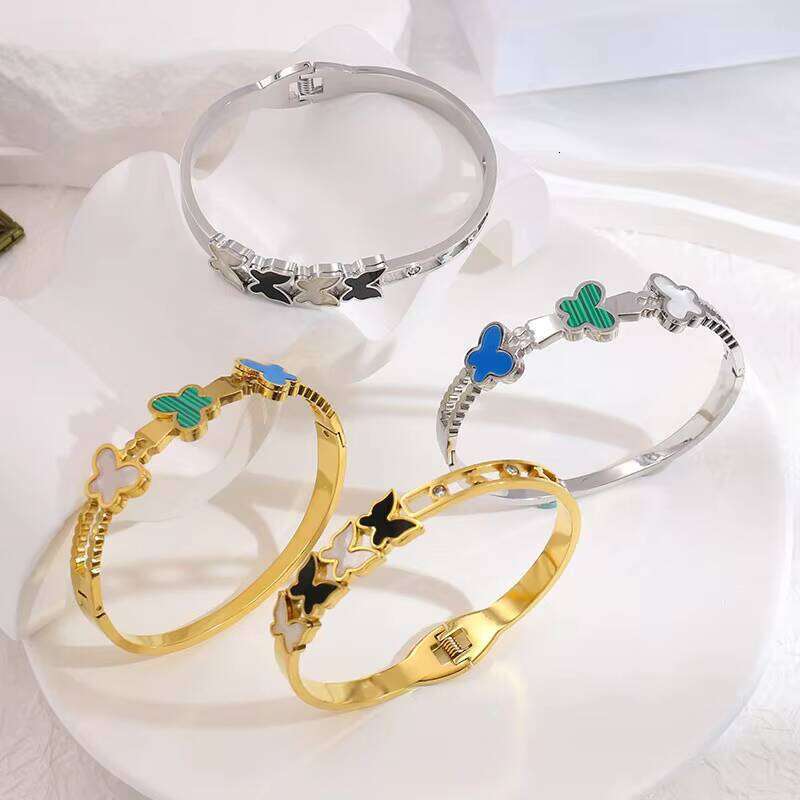 Open Black and White Shell Butterfly Bangle Blue Enamel moissanite chain Matte Fashion Women's Bracelet