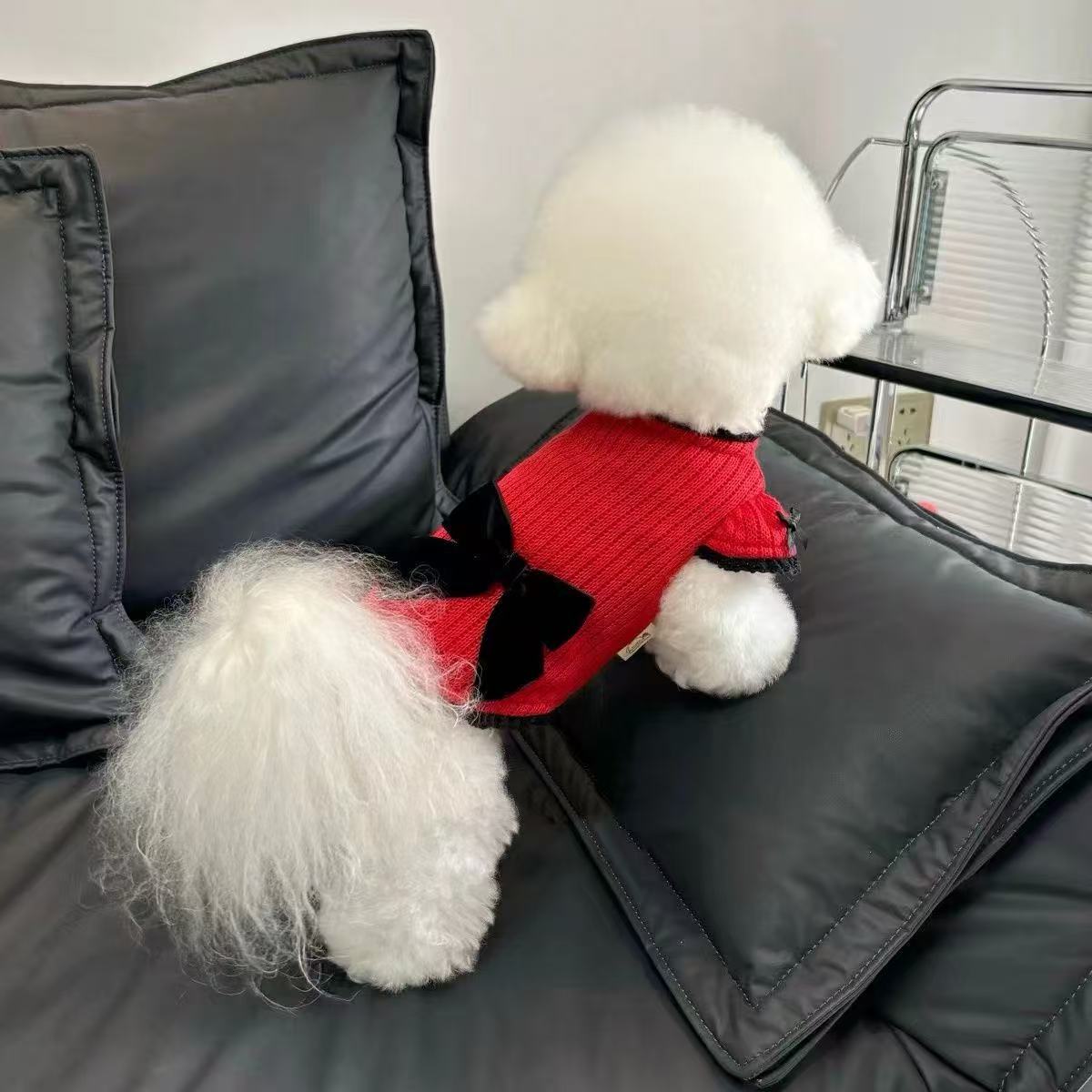 T1428 Dog Clothes Autumn and Winter New Bow Puff Sleeve Jacket Thick Sweater Pet Bichon Teddy New Year Dress