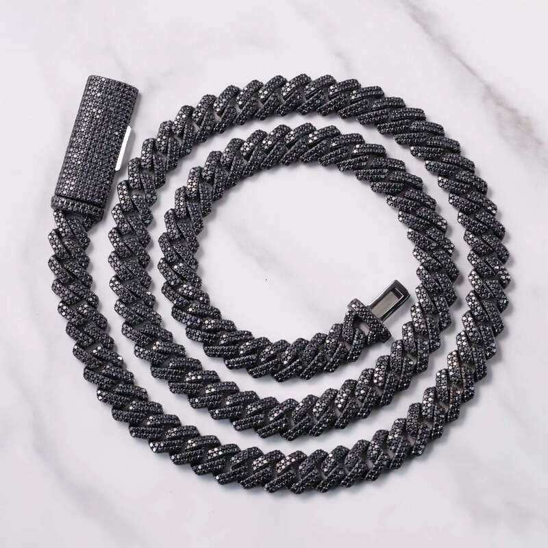VVS Dia 2rows 10mm 12mm S Sier Hip Hop Necklace Men Black Moissanite Cuban Link Chain For Fashion Jewelry