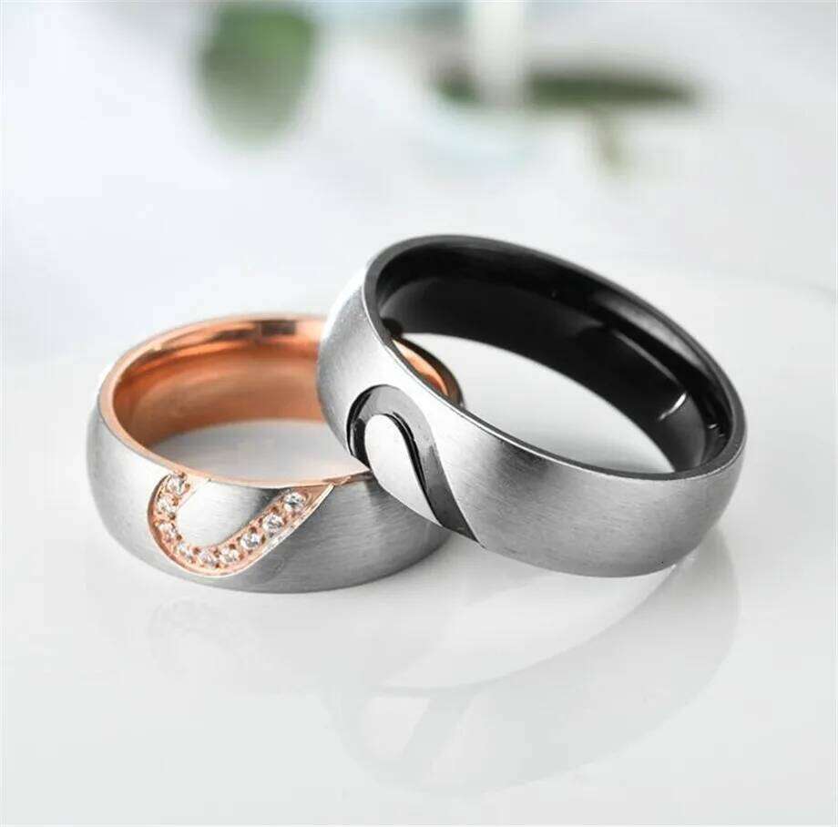 Stainless Steel Heart Lovers Couple Rings Rose Gold/Black Color Wedding Promise Ring For Women Men Engagement Jewelry Dropship