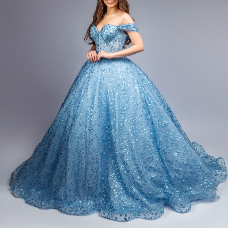 Aqua Blue Shiny Quinceanera Dresses Off The Shoulder Sequin Applique Lace Beads Tull Party Birthday Sweet 16 Dress Vestidos 15 De Anos