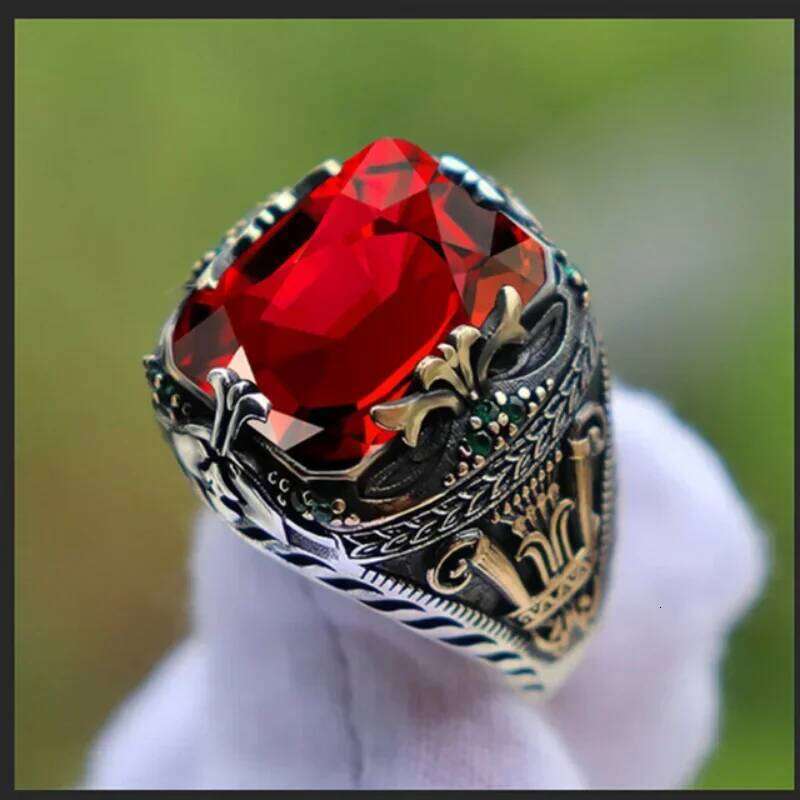 Retro Handmade Turkish Signet Rings for Men Ancient Sier Color Carved Mystic Zircon Inlay New Punk Motor Biker Ring