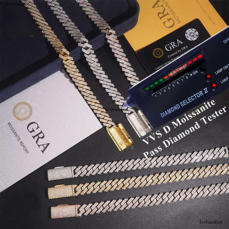 Ready Made Leading Factory Direct Sale 12mm Cuban Link Moissanite 2 Row Prong Chain Pass Dia Tester GRA Certification