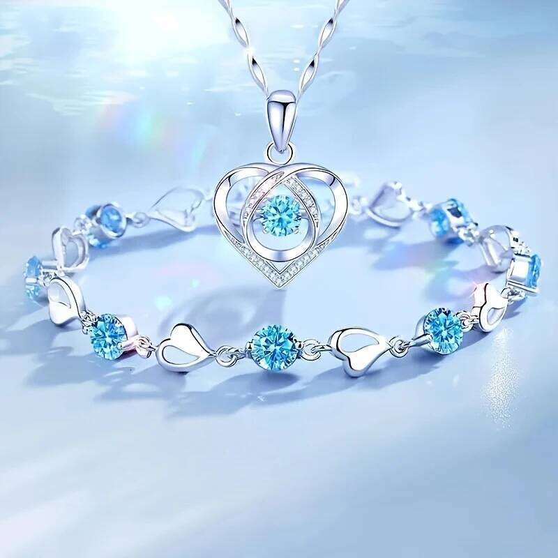 2pcs/set Sterling Sier Heart Necklace Set for Women Korean Adjustable Charm Bracelet Party Jewelry