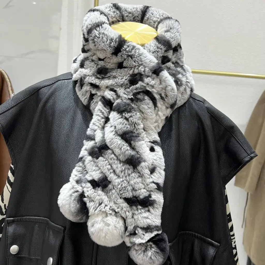 2025 Winter Warm Lady 100 Natural Fur Ball Muffler Fashion Knit Rex Rabbit Fur Scarves Russia Women Real Rex Rabbit Fur Scarf 250929