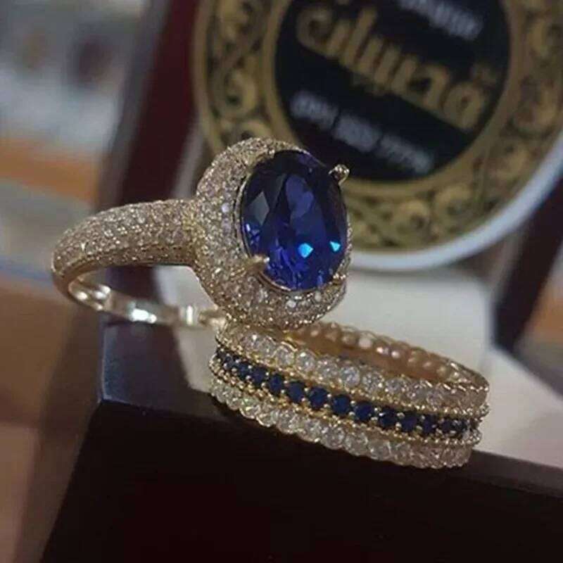 2pcs/set Noble Gold Color Hip Hop Ring for Women Exquisite Inlaid Zircon Green Crystal Wedding Rings Bridal Engagement Jewelry