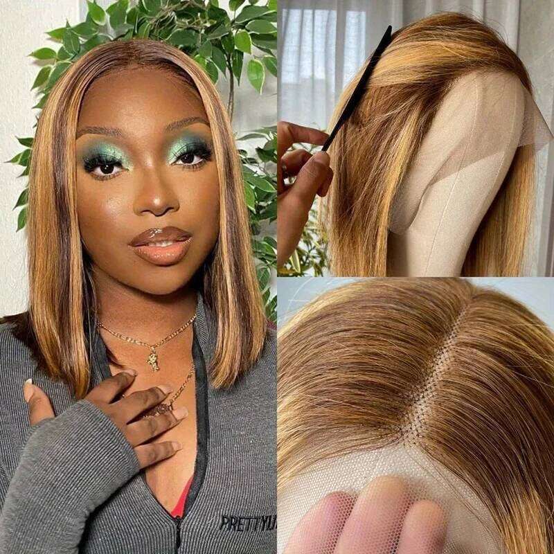 210% 4/27 HD Straight Short Highlight Bob Ombre Blond Human Hair Wigs 4X4x1 Lace Closure Wig Xiusiyuan2510