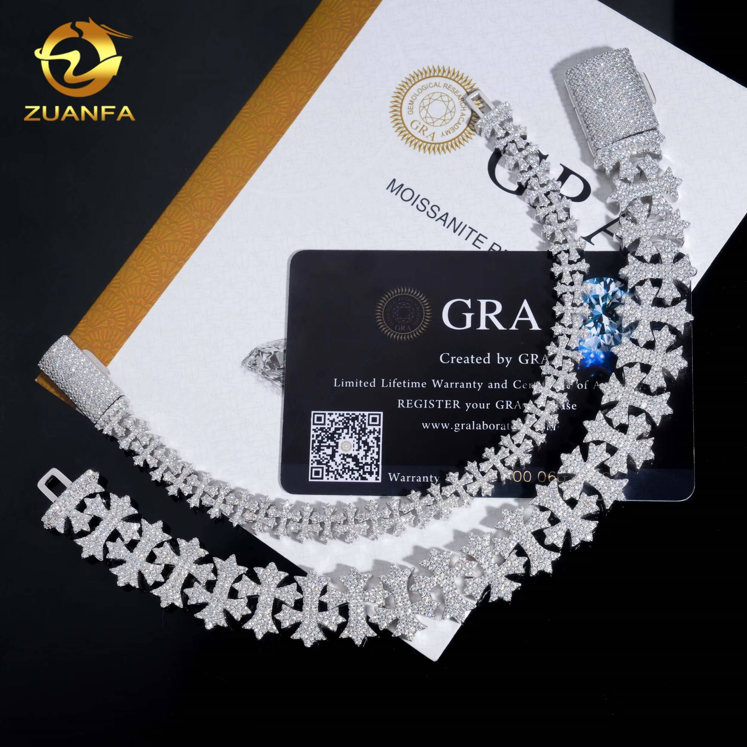 Zuanfa Jewelry Moissanite Cross Bracelet 85mm 16mm Cuban Link Chain Moissanite Cuban Link Bracelet Cuban Chain