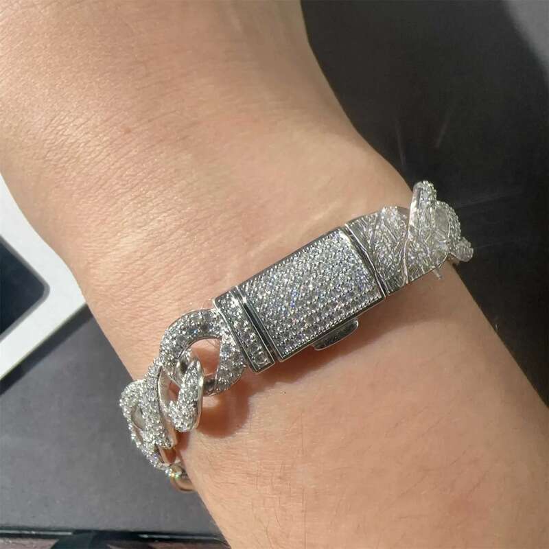 New Arrivals 10mm Width Solid Sier Iced Out Hip Hop Jewelry VVS1Moissanite Dia Franco Cuban Link Infinity Bracelet Men