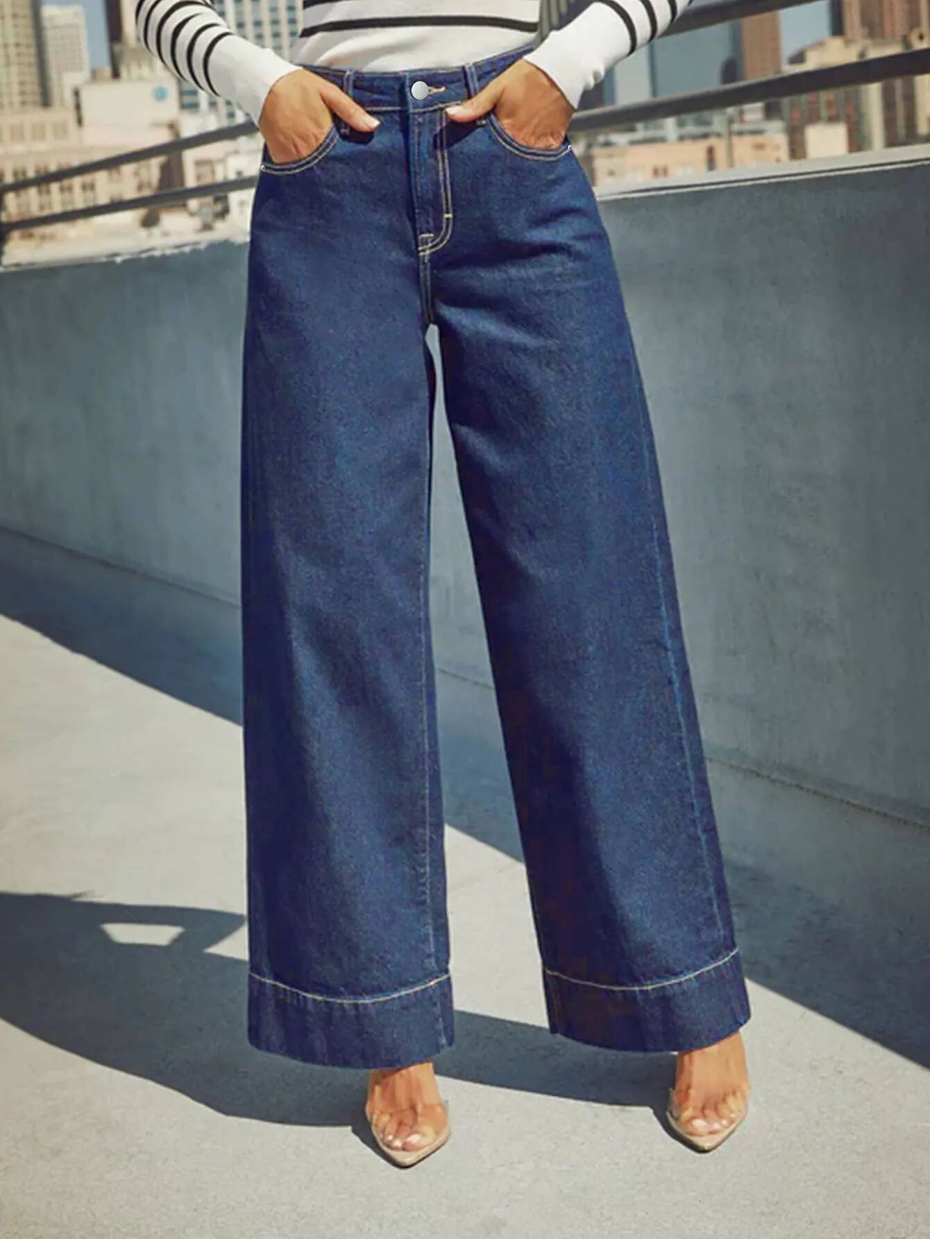 Women's Classic Blue High Rise Wide Leg - Stretch with Button Fly, Soft and Comfortable, Slim Fit Vintage Wash Jeans dongdumaoyi
