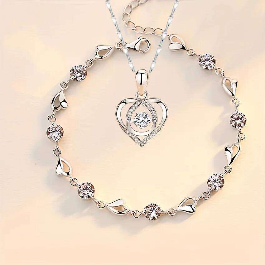 2pcs/set Sterling Sier Heart Necklace Set for Women Korean Adjustable Charm Bracelet Party Jewelry