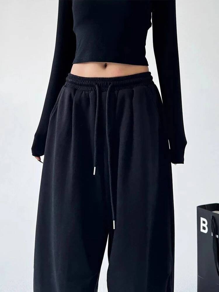Y2K Haruku Wide Leg Sweatpants Women Streetwear Baggy Oversize Gray Sports Pants High Waist Drawstring Casual Joggers Trousers dongdumaoyi