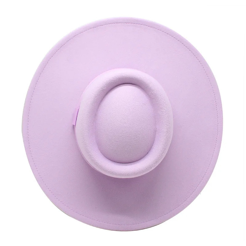 95cm Brim Round Top Hat Solid Color Flat Top Boater Style Fedora Hats for Women Men Party Wedding Church Felt Cap 250930