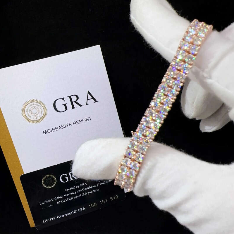New design two rows real gold plated bracelet sterg sier vvs moissanite hip hop jewelry lab dia tennis chai