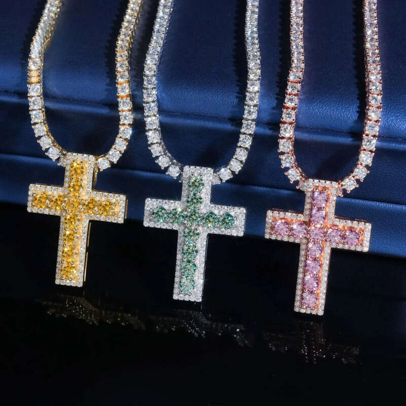 Hot Sale RTS Colorful Cross Sterling Sier Gold Plated Pass Dia Tester Moissanite Pendant