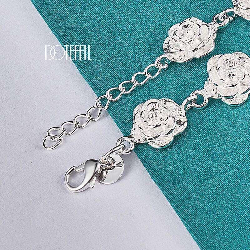 DOTEFFIL Sterling Sier Full Rose Flower Chain Bracelet For Women Wedding Engagement Party Fashion Charm Jewelry