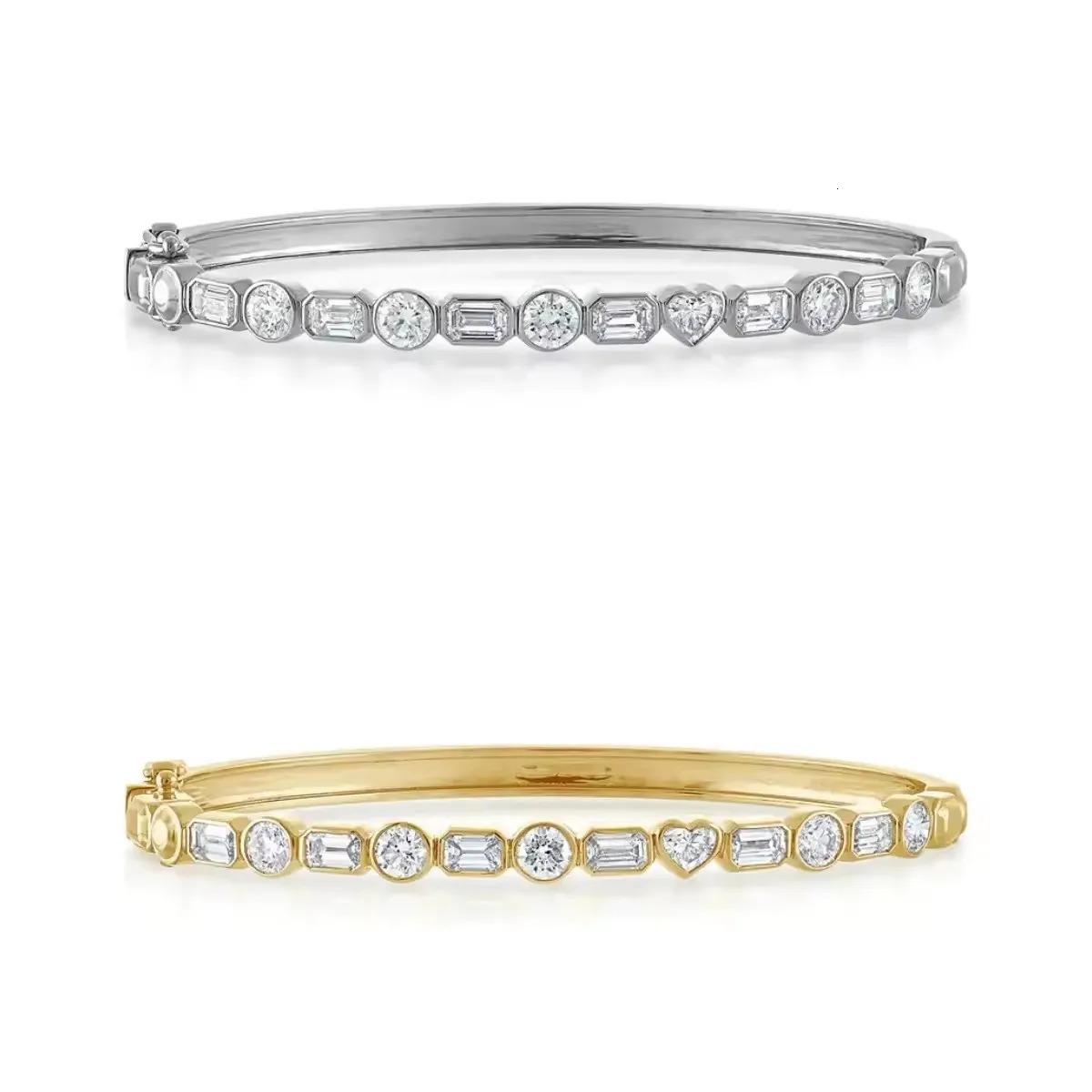Valentines Day Gift Bezel Set Geometric 5A Heart Round Rectangle Cz Charm Bangle Bracelet Women Lady Wedding Jewelry 250930