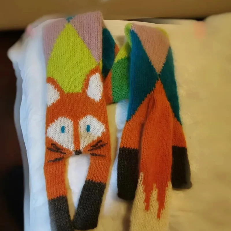 Autumn Winter Childrens Cartoon Fox Knitted Scarf Baby Boys Girls Warm Women Shawl Kids Female Knitted Animal Women Scarf 250929