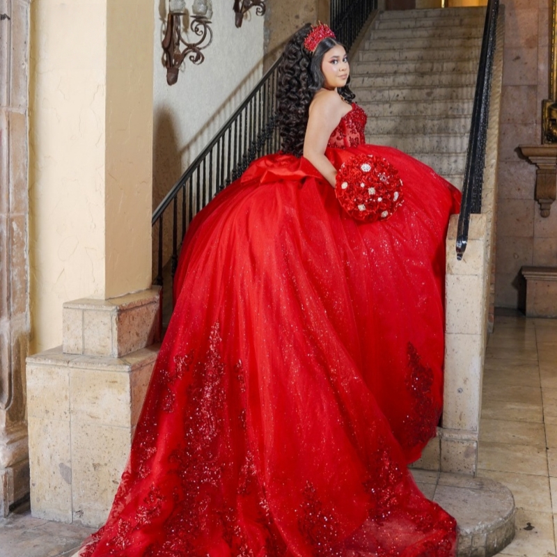 Red Shiny Quinceanera Dresses Off The Shoulder Sequin Applique Lace Beading Bow Tull Party Birthday Sweet 16 Dress Vestidos 15 De Anos