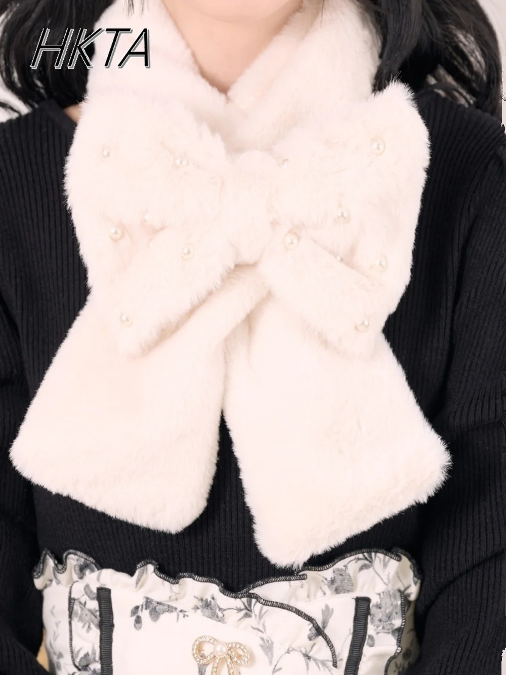 Japanese Original Bow Scarf Nail Bead Plush Rabbit Fur Scarf Cute Early Winter Thermal Scarf 250929