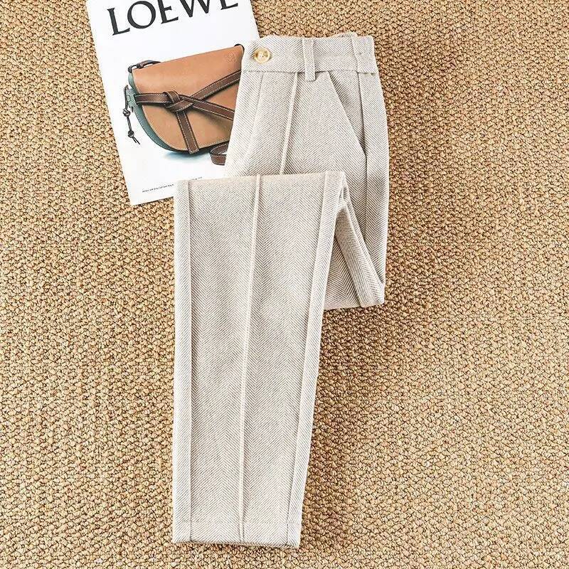 Woolen Herringbone Harem Pencil High Waist Korean Fashion Women's Casual Office Lady Trousers Thick Suit Pants For Women dongdumaoyi